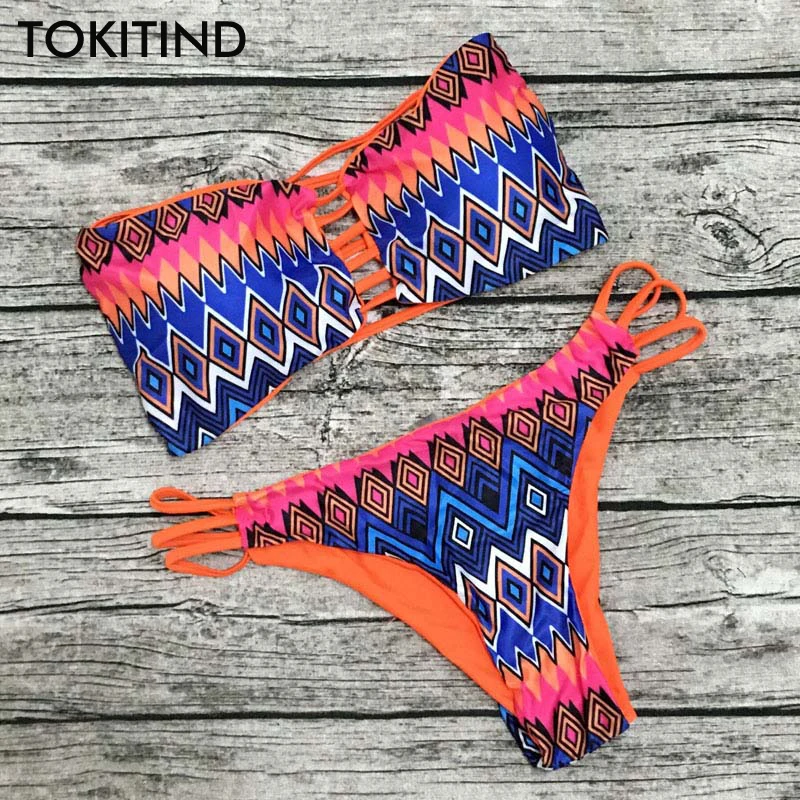 

TOKITIND Reversible Bikini Swimwear Lady Sexy Retro Push Up Swimsuit Beachwear Brazilian Bikini Set Biquini Maillot De Bain