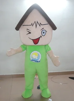 

Beautiful White House Haus Cabin Lodge Cabana Mascot Costume With Red Roof Bright Big Eyes Green Overalls Free Shipping