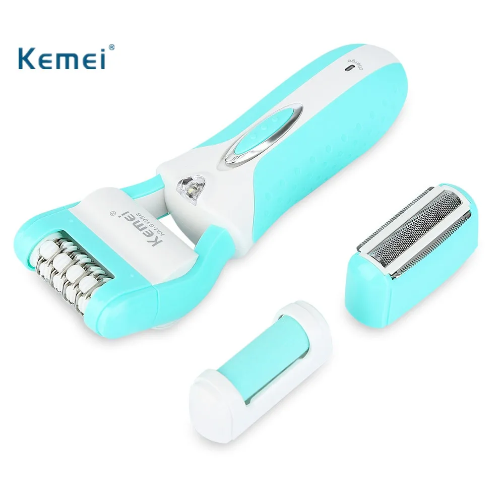 

Kemei KM - 6198B EU Plug 3 in 1 Rechargeable Shaver Epilator Dead Skin Foot Callus Remover with Small Light for Women