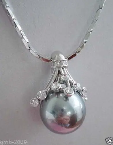 

huij 003337 14MM Natural Gray South Sea Shell Pearl Crystal 18KGP Round Pendant Necklace 2pc