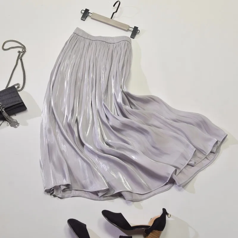 Корейская атласная плиссированная юбка макси длинные юбки с высокой талией женщины; Лето; пляж Faldas Saia - Color: Gray