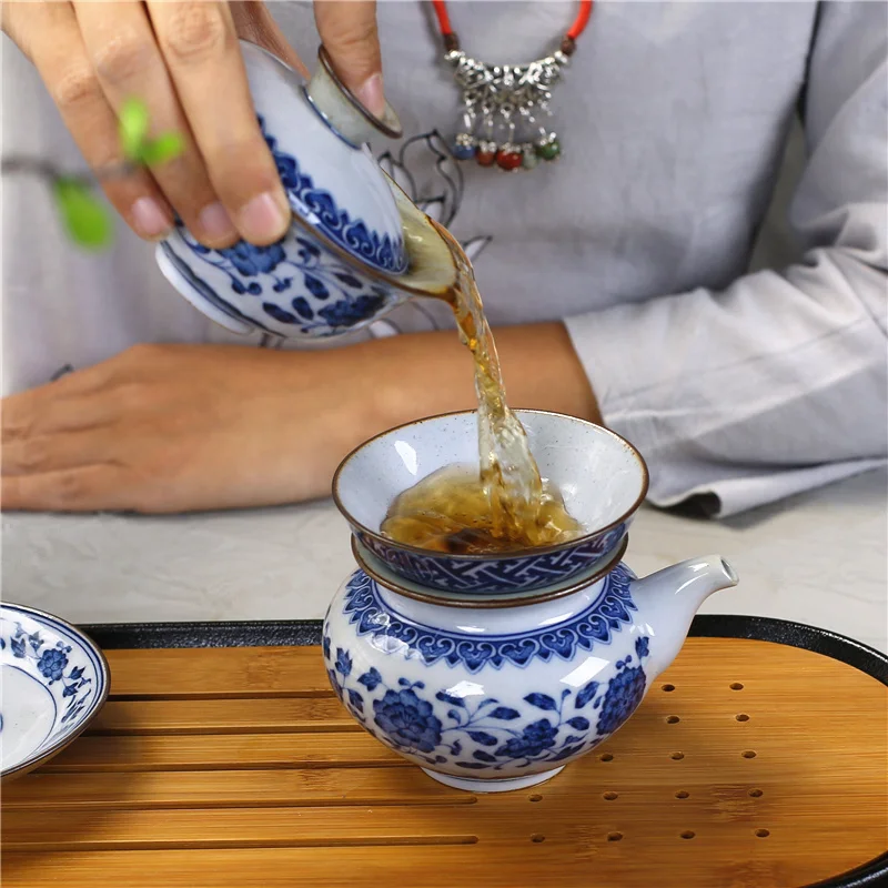 Синий и белый винтажный чайник Gaiwan в японском стиле грубая керамика стандартная