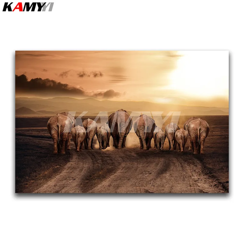 

Full Square Diamond embroidery Cross stitch Elephant Full Round Diamond painting Sunset DIY 3D Diamond mosaic animal family