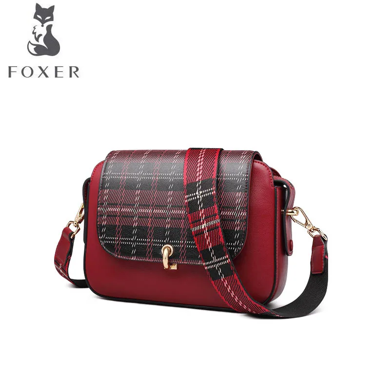 

FOXER Retro port wind small bag female 2019 new wild Messenger bag wide shoulder strap one shoulder plaid small square bag