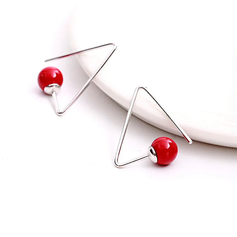 red bead triangle earring 100% 925 Sterling silver Jewelry fashion Hypoallergenic Stud earrings for women gift