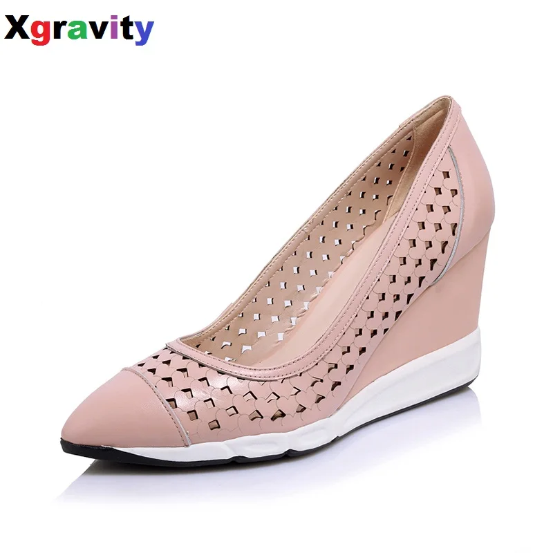 

Hot Sale 2019 Summer Autumn Girl Genuine Leather Wedges Cut-Out High Heel Closed Toe Dress Shoes Sexy Point Toe Wedge Shoes B272