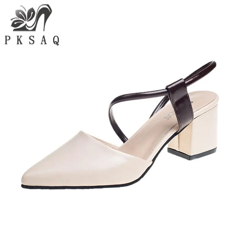 

PKSAQ2019 Summer Shallow Mouth Ladies Sandals Solid Color Casual Female High Heel Sandals Summer Women's Shoes Brown Khaki White