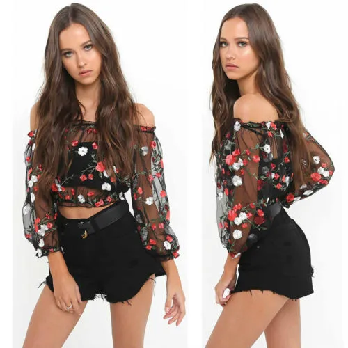 flower embroidered mesh top