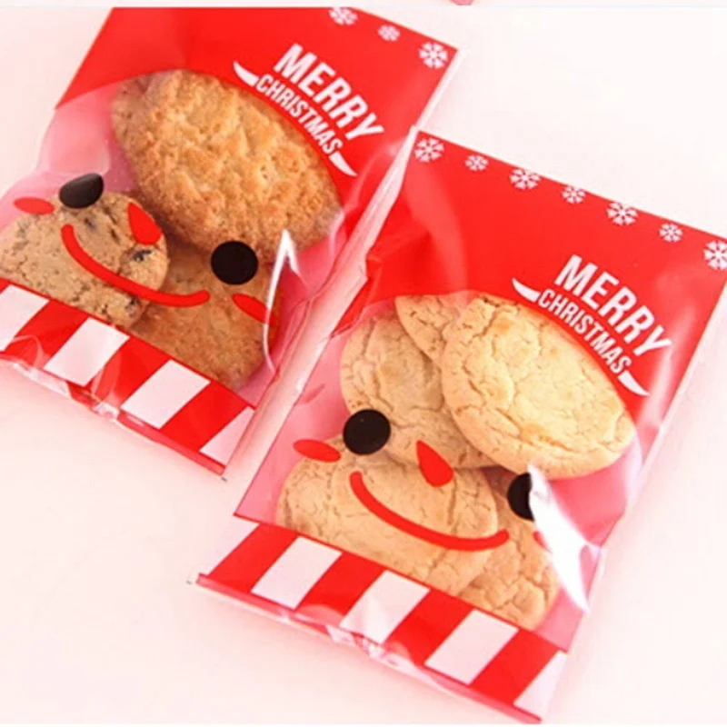 100pcs Christmas Candy Cookies Bags Gift OPP Packing Pouch Self Adhesive Santa Cellophane Party Treat Cake Gift Bag Xmas Decor 