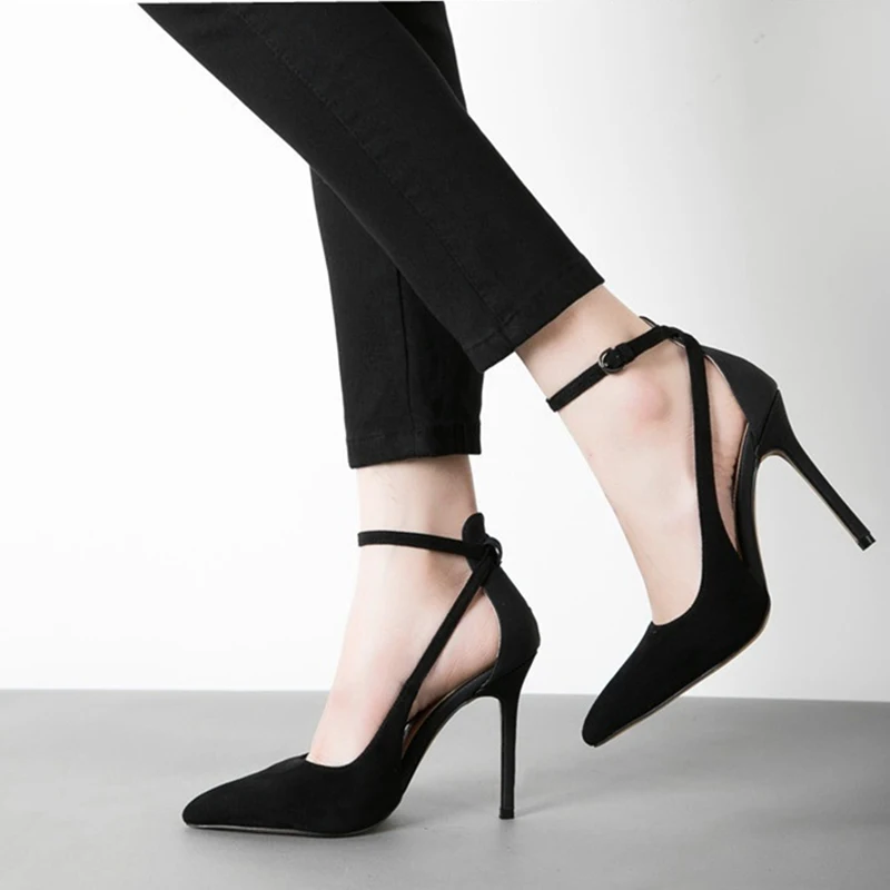 

New Fashion Womans Leather Sexy Pointed Toe Buckle Strap Thin Heel Shoes Office Ladies High Heel Shoes