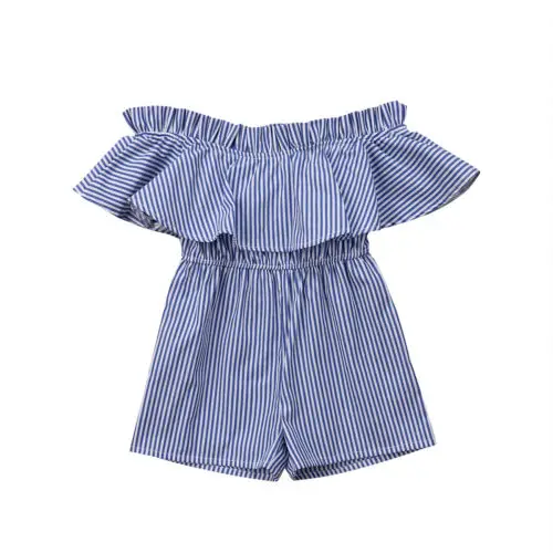 

Summer Casual Baby Kids Girls Off Shoulder Stripe Ruffles Short Romper Jumpsuit Outfit Cotton Clothes Costume Sunsuits 6M-5T