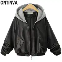 Womens Fashion PU Leather Jackets with Cap Plus Size Female Spring Outwear Faux Soft Leather Coat with Pockets 2019 New