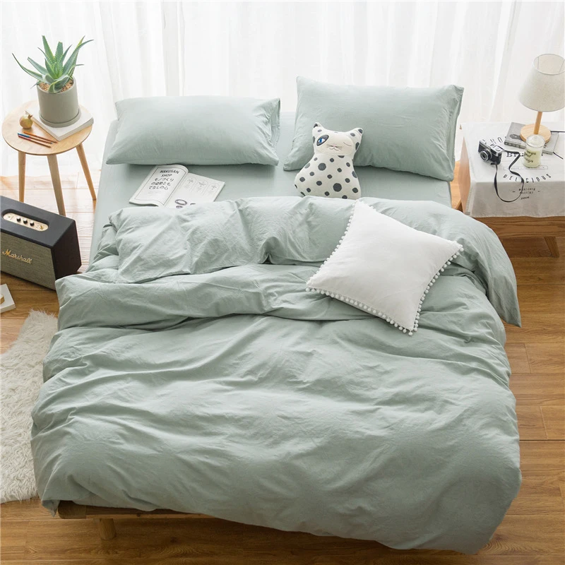 

Luxury Soft Comfortable Warm Bedding Sets Washed Cotton Solid Color Single Double Fitted Sheet Set Flat Sheet Set Queen King