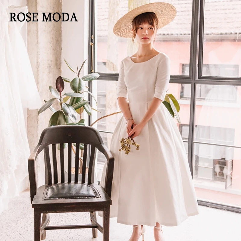 

Rose Moda Tea Length Vintage Wedding Dress with Half Sleeves Boho Wedding Dresses 2019