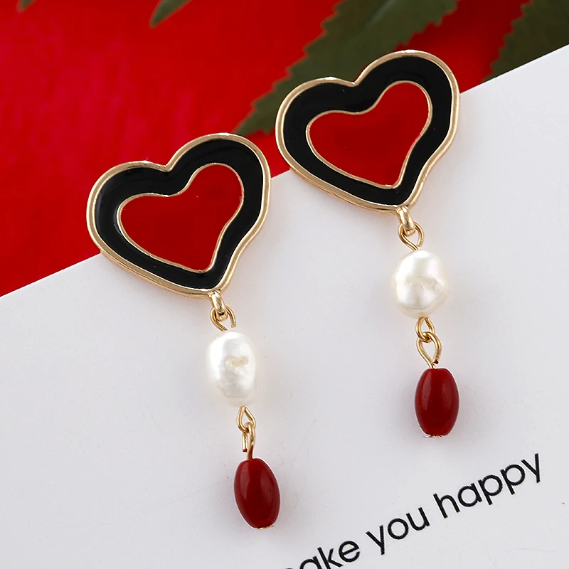 

AENSOA Fashion Enamel Heart Long Pendant Drop Earrings For Women Party Jewelry 2019 Simulated Pearl Love Statement Metal Earring