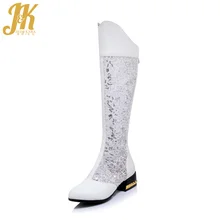 JK/; женские сапоги до колена; Осенняя обувь на толстом каблуке с кружевом; обувь с острым носком и металлическим украшением; модная женская обувь на молнии