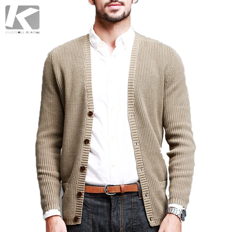 KUEGOU man khaki sweater,male cardigans 