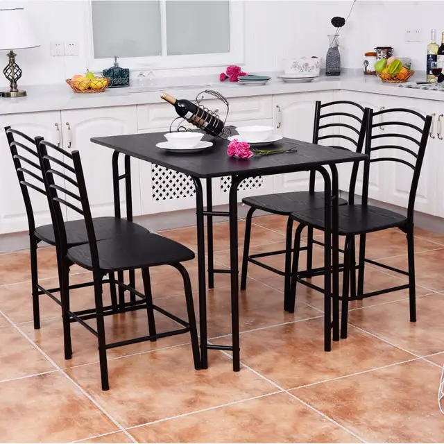 Goplus 5 Pcs Black Dining Room Set Modern Wooden Table With 4 Chairs Steel Frame Home Kitchen Furniture Hw54791