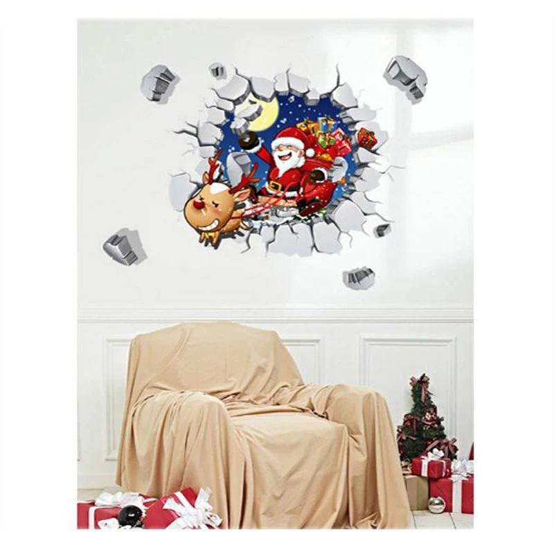 DIY 3D Removable Christmas Broken Wall Stickers Santa Claus Reindeer Decals Mural