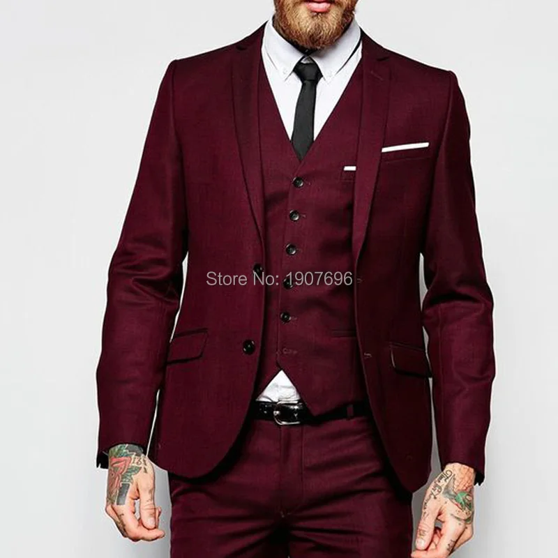 Бургундия Slim fit Мужские костюмы для вечеринки свадьбы жениха v-образный вырез, петличный смокинг 3 шт Мужской комплект куртка брюки жилет