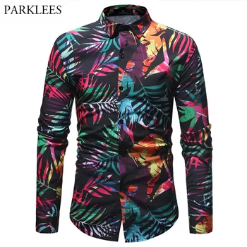 

Floral Print Hawaiian Beach Shirt Men New Spring Casual Slim Fit Mens Dress Shirts Multicolor Leaf Flower Printed Camisas Social