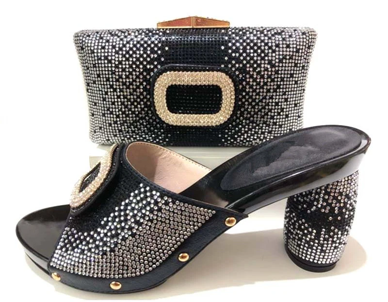 

Black and silver slippers with stones clutches bag elegant stones slippers shoes clutches bag for african aso ebi party SB8169-1