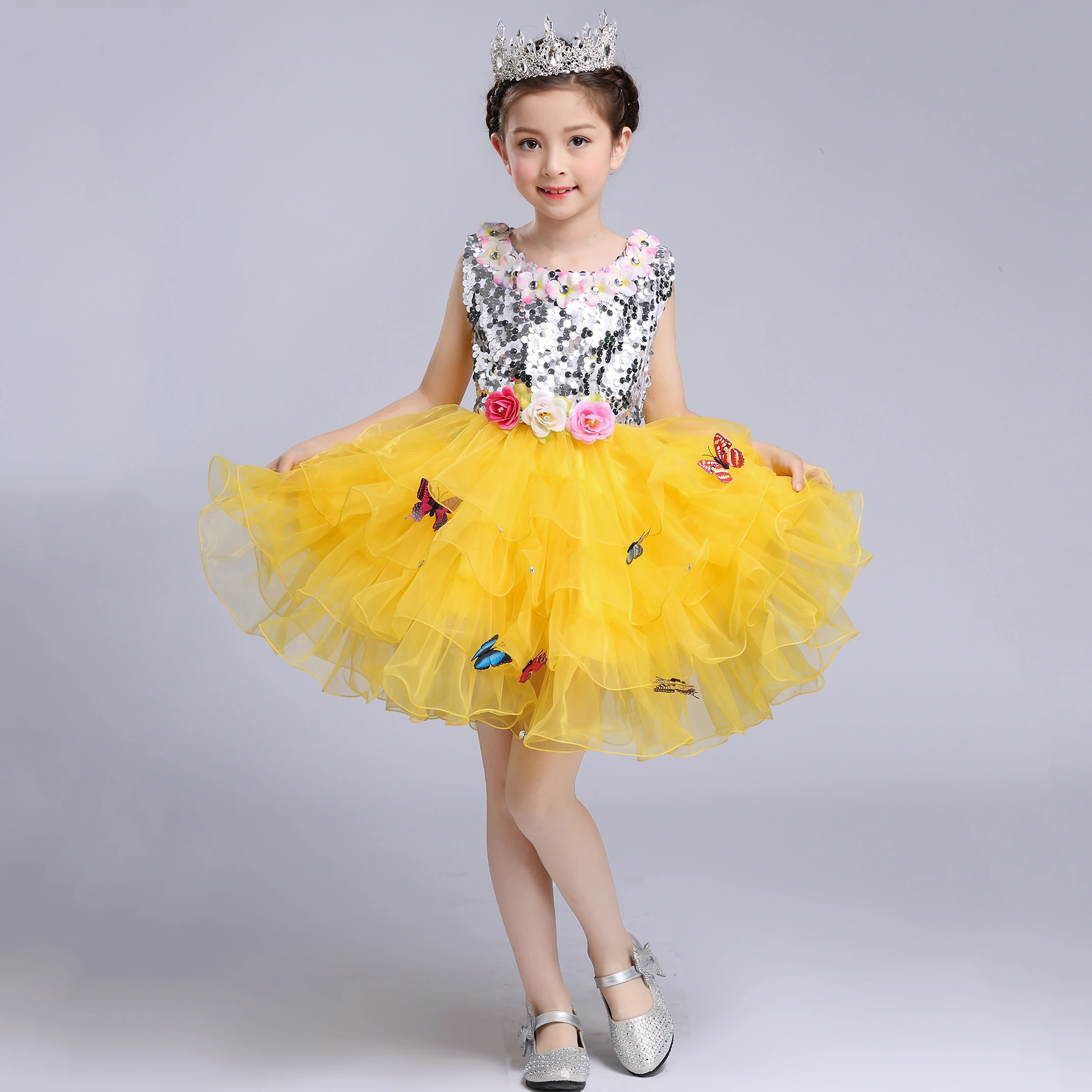 

TB48 Beading Little Rose Cupcake Lovely Yellow Ball Gown In Stock Flower Little Girls Pageant Dresses Glitz