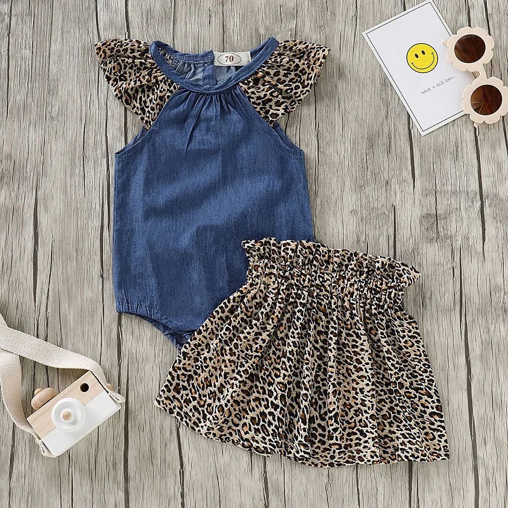 

Infant Baby girl clothing children's toddler Romper suit clothes children Solid Denim Bodysuit+Leopard Print Skirts Outfits Sets