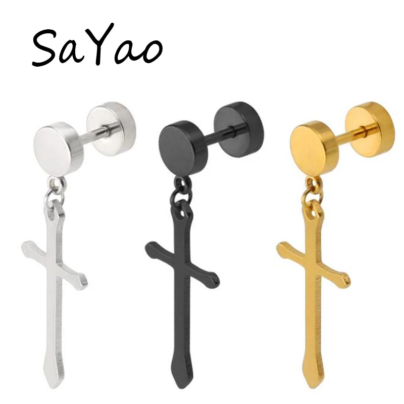 2Piece Big Cross Round Barbell Stainless Steel Stud Earring Studs Men