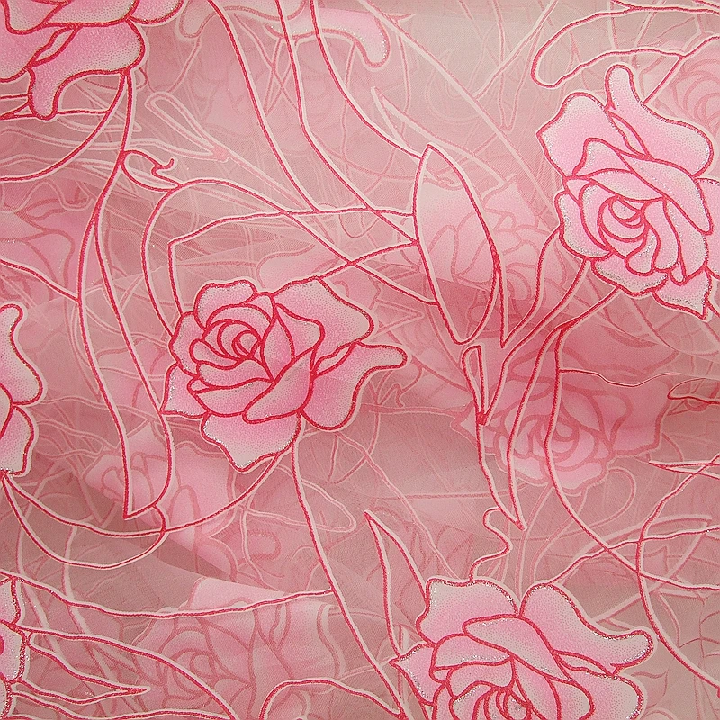 

By meter print Pink Rose with silver shine sparkles soft Organza 60inch width for wedding party curtain
