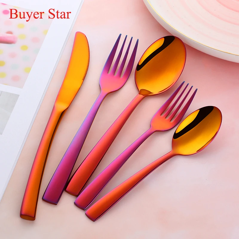 Elegant Colored Red Dinnerware Set Stainless Steel Cutlery Set Western Tablerware Rainbow