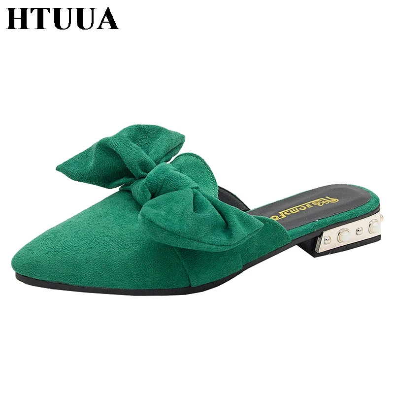 

HTUUA 2019 Flock Pearl Bow Women Slippers Flat Mules Shoes Women Summer Slides Pointed Toe Half Slippers Ladies Sandals SX2382