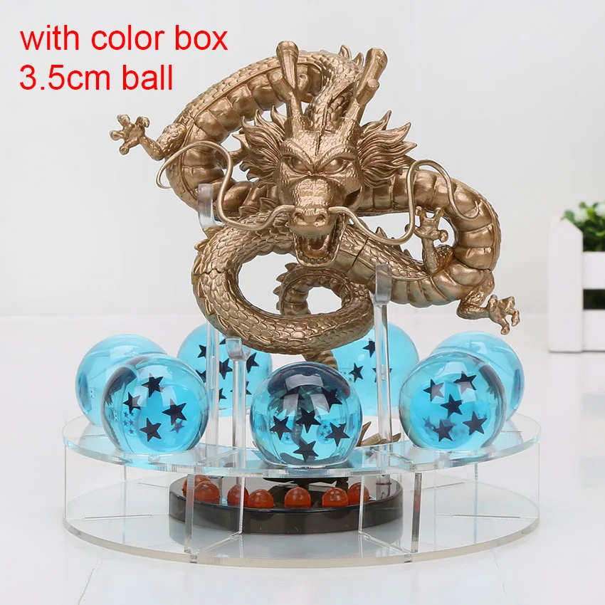 7 шт. 3,5 см Хрустальные драконы шары и 1 акриловая полка и 15 см Shenron Shenlong Dragon Ball Z фигурки с Драконий жемчуг набор - Цвет: gold blue box