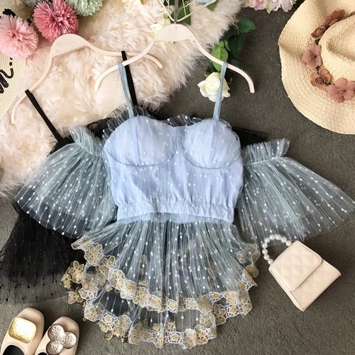 light blue Neploe французские женские рубашки с блестками, сексуальные Блузы с v-образным вырезом и расклешенными рукавами, модные кружевные лоскутные женские рубашки 45315 - Цвет: light blue