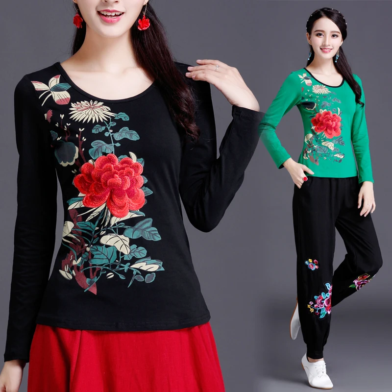 Женская футболка, винтажная хлопковая футболка с длинным рукавом, большие размеры, женская повседневная одежда с цветочной вышивкой в Корейском стиле