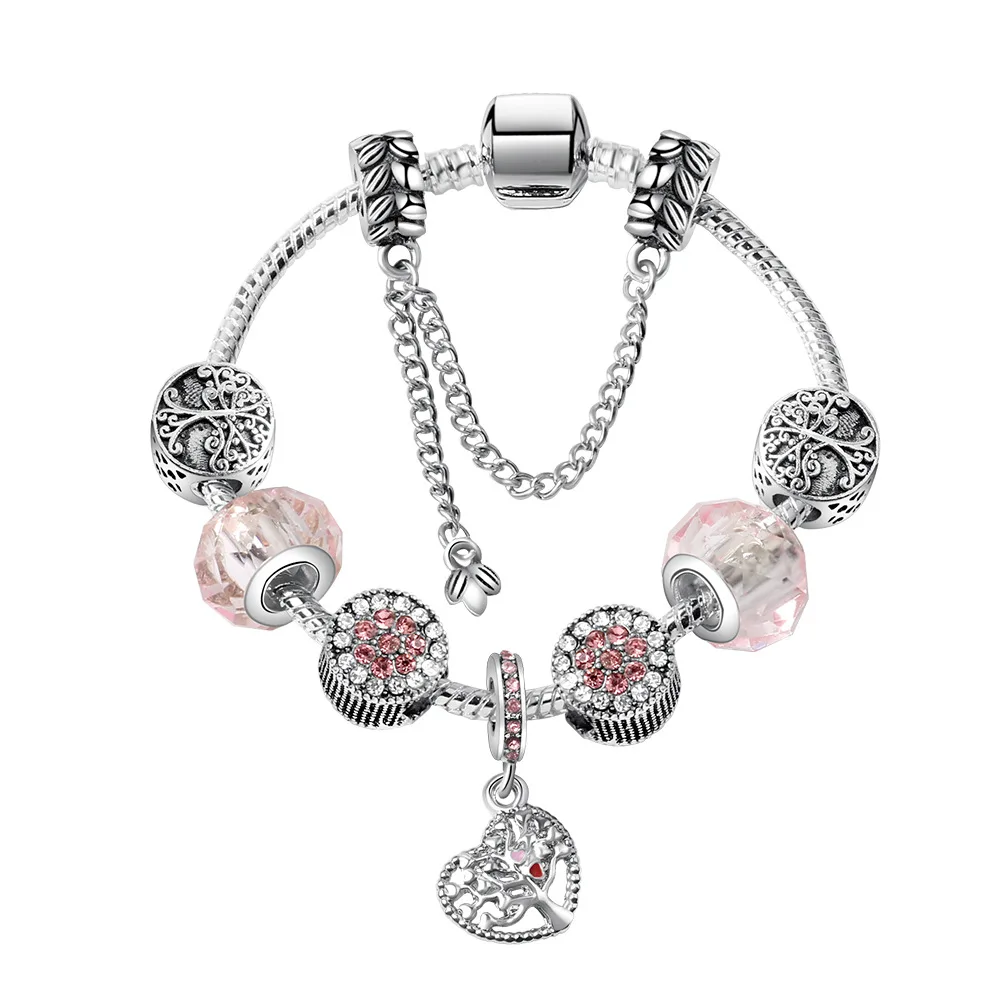 

Luxury Women Crystal Tree Of Life Bead Heart Charm Safety Chain Bracelet For Women DIY Beads Bracelets & Bangles Jewelry Gift