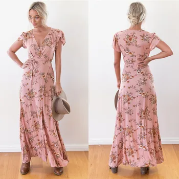 

2018 Promotion Hot Sale Polyester A-line Short None Ankle-length Regular V-neck Women Dress Fashion Print Dresses Bohemian Wind