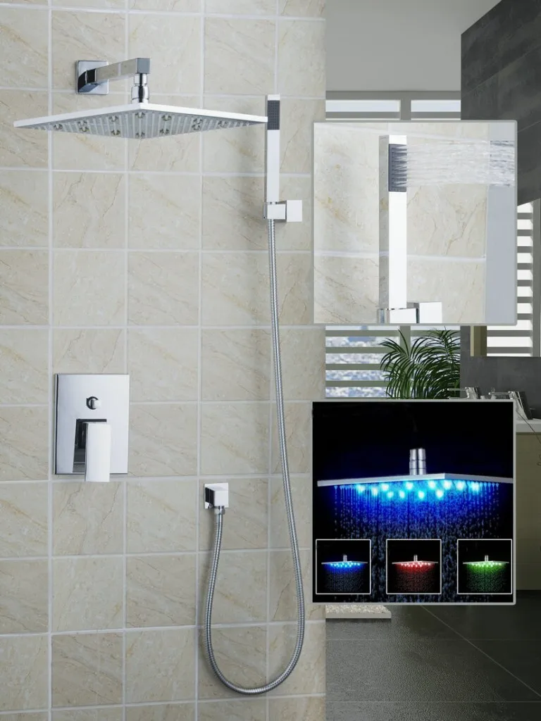 Hallo moderne badezimmer dusche set 12 led chuveiro duschkopf wand regen dusche wasserhahn mischbatterie set