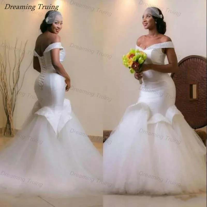 

Chic South African Mermaid Wedding Dresses Vestido De Noiva Plus Size Backless Long Off Shoulder Black Girl Bride Gown 2019