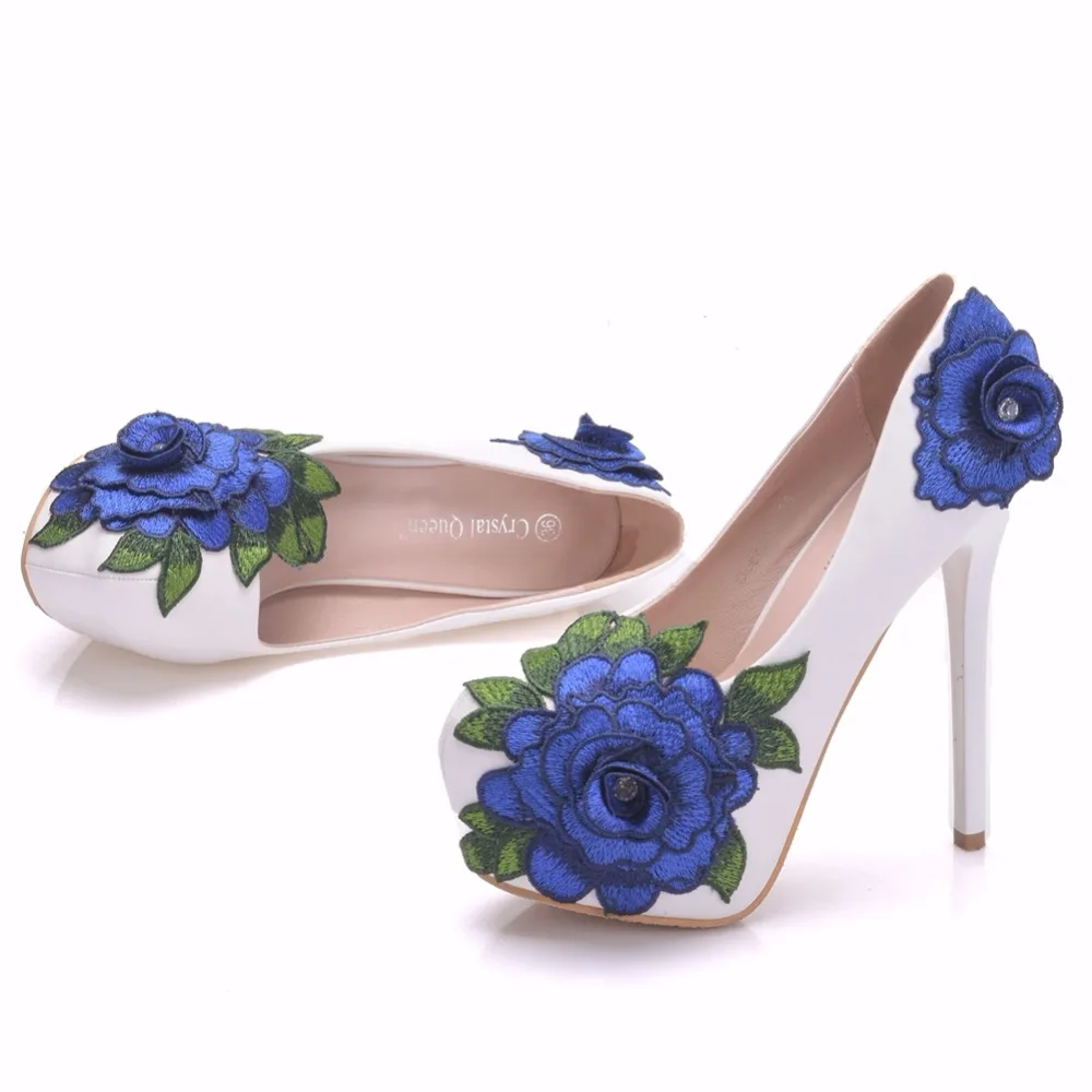 Crystal Queen Blue Lace Flower Bride Shoes High Heel Wedding Dress Shoes With Matching Bag Cutomized Ceremony Pumps With Purse