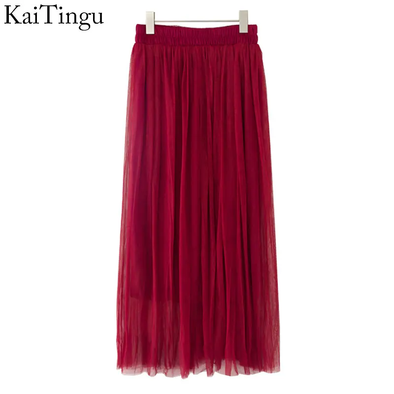 

KaiTingu Brand New Fashion 2016 Ladies Wine Red Color 3 Layer Pleated Skirt Long Tulle Skirts Straight Solid Mesh Skater Skirt