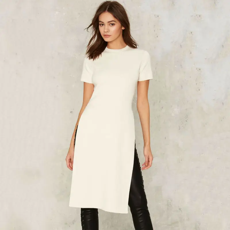 

Vagary New Fashion Sexy Side Slit Tees Women High Street Style Tops Ladies Short Sleeve Round Neck Casual T-Shirt