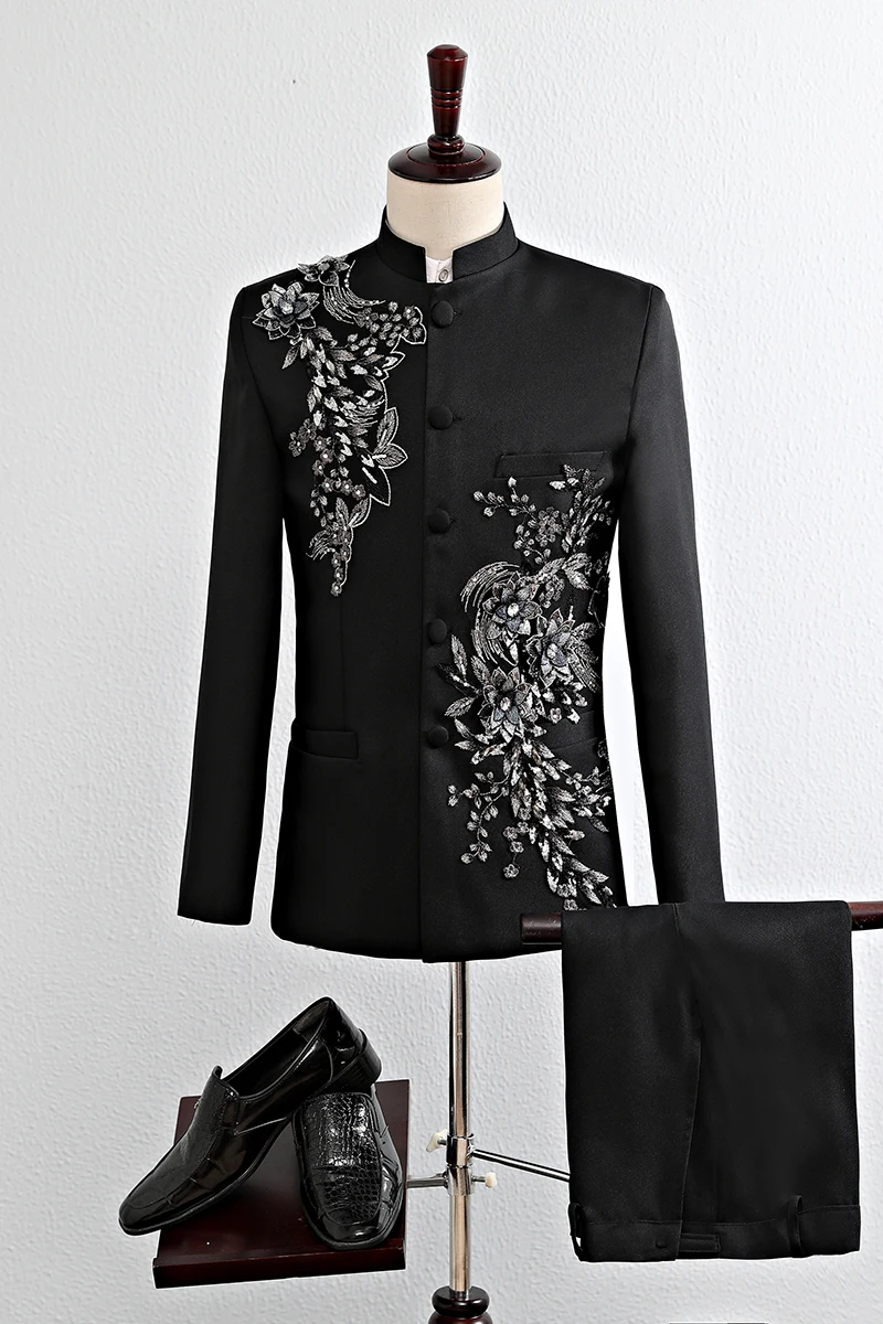 Мужская одежда формальный костюм китайский стиль вышивка китайский туника костюм стоячий воротник набор Вышитый свадебный комплект топ+ брюки