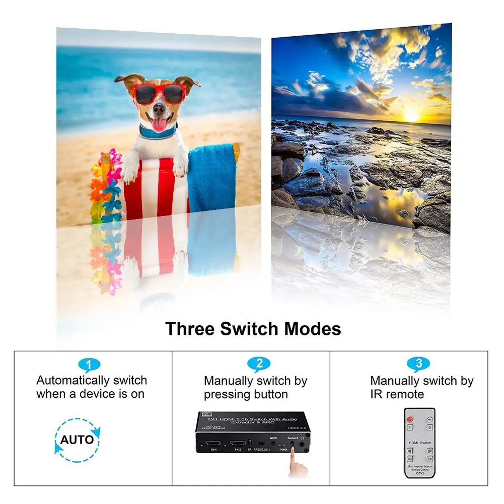 New High-quality Durable HDMI2.0 Switcher Two In One Out HDMI Switch 2x1 Audio Separation ARC HDCP2