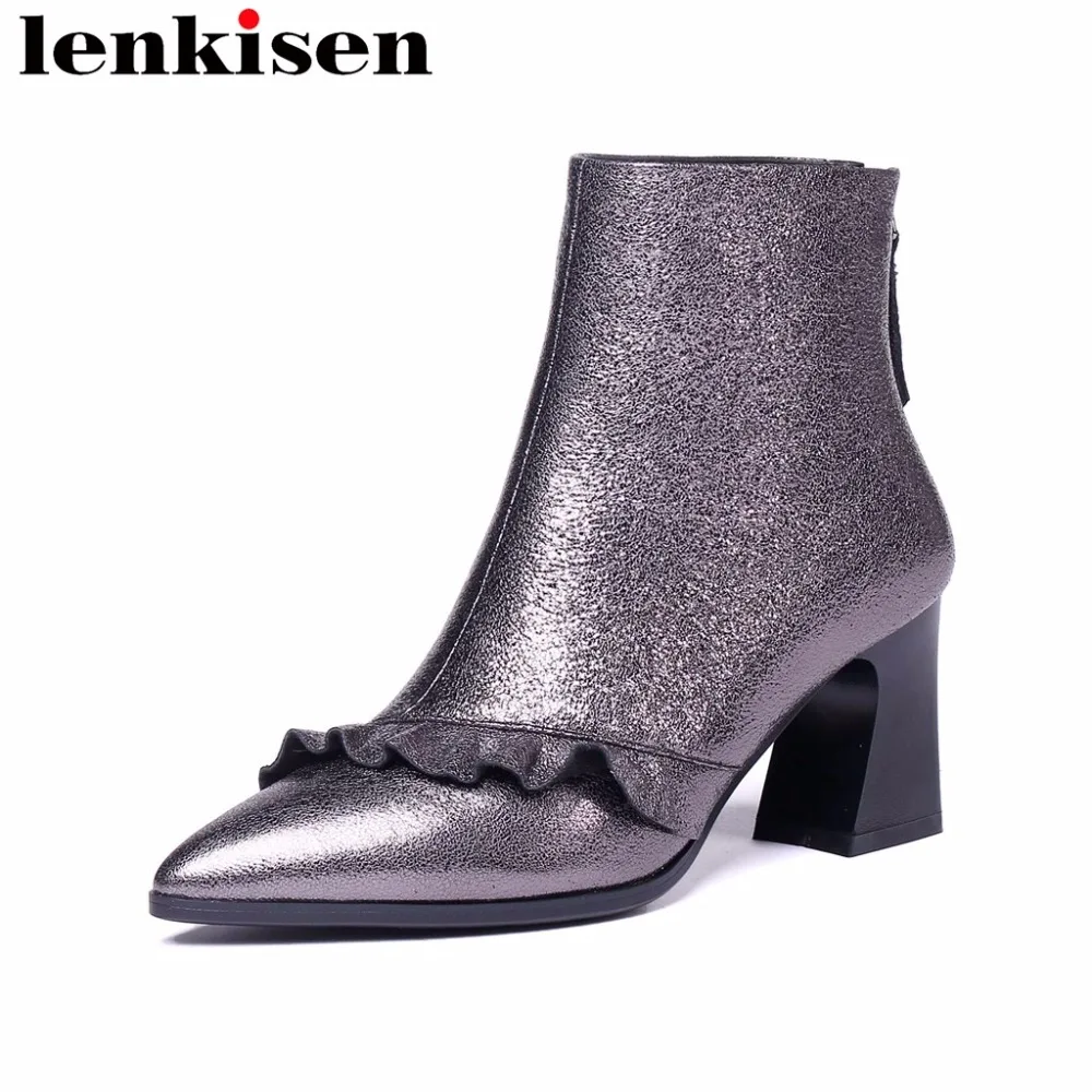 

Lenkisen pointed toe high heels big size zip ruffled folds mixed colors scrub soft natural leather mature women ankle boots L1f8