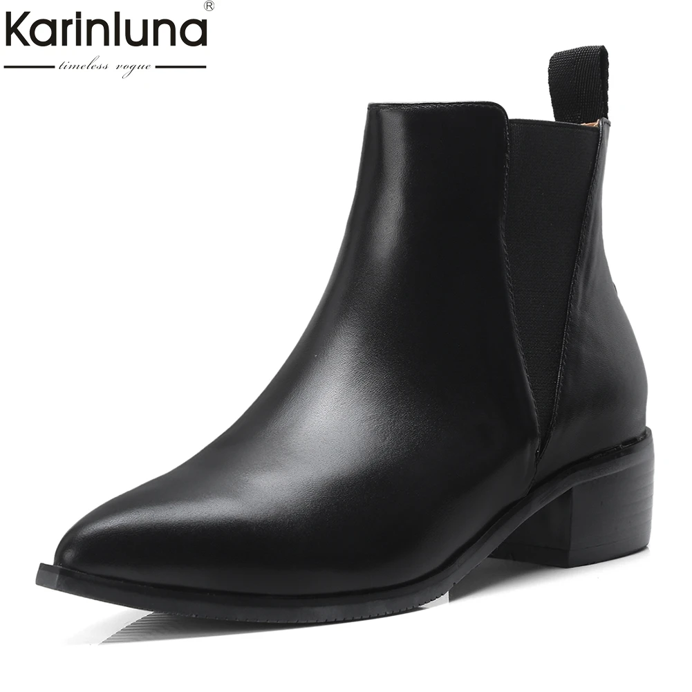

Genuine Cow Leather Pointed Toe Summer Boots Woman Shoes Chunky Heels Elastic Band Shoes Woman Ankle Boots Female