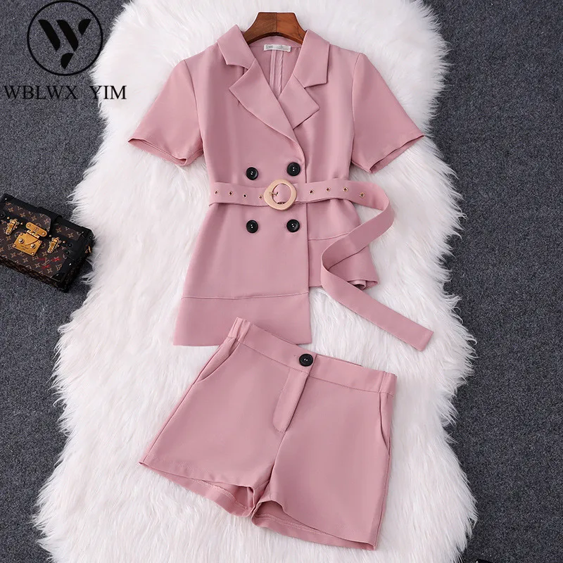 2019 Summer pink Sets Women Fashion irregularity Belt Blazers Coat short Sleeve Slim Suit Jacket and Shorts Two Piece Suits Lady |