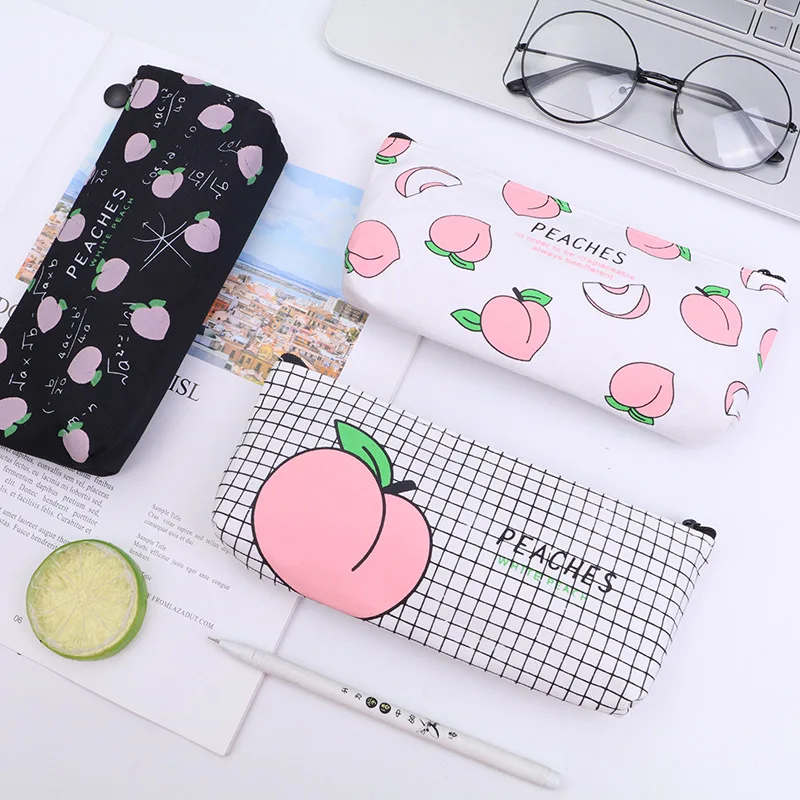 

Lovely Peach pencil case for girls Cute Canvas pencil bag Stationery pen pouch gift office school supplies canetas Zakka