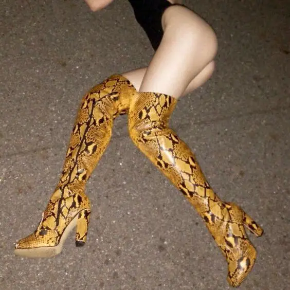

Spring Boots Women Pointed snake pattern long tube thick with character model catwalk high heel zipper fashion Party Botas Mujer