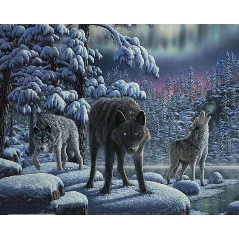 

No FrameThree Wolves DIY Painting By Numbers Modern Wall Art Picture Home Wall Decor For Living Room Artwork 40x50cm